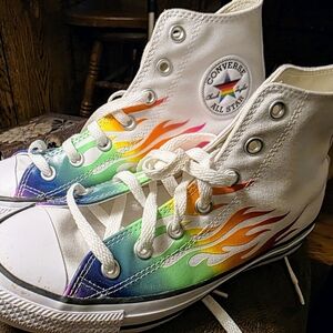 Converse High Top Sneakers White with Rainbow Flame Print